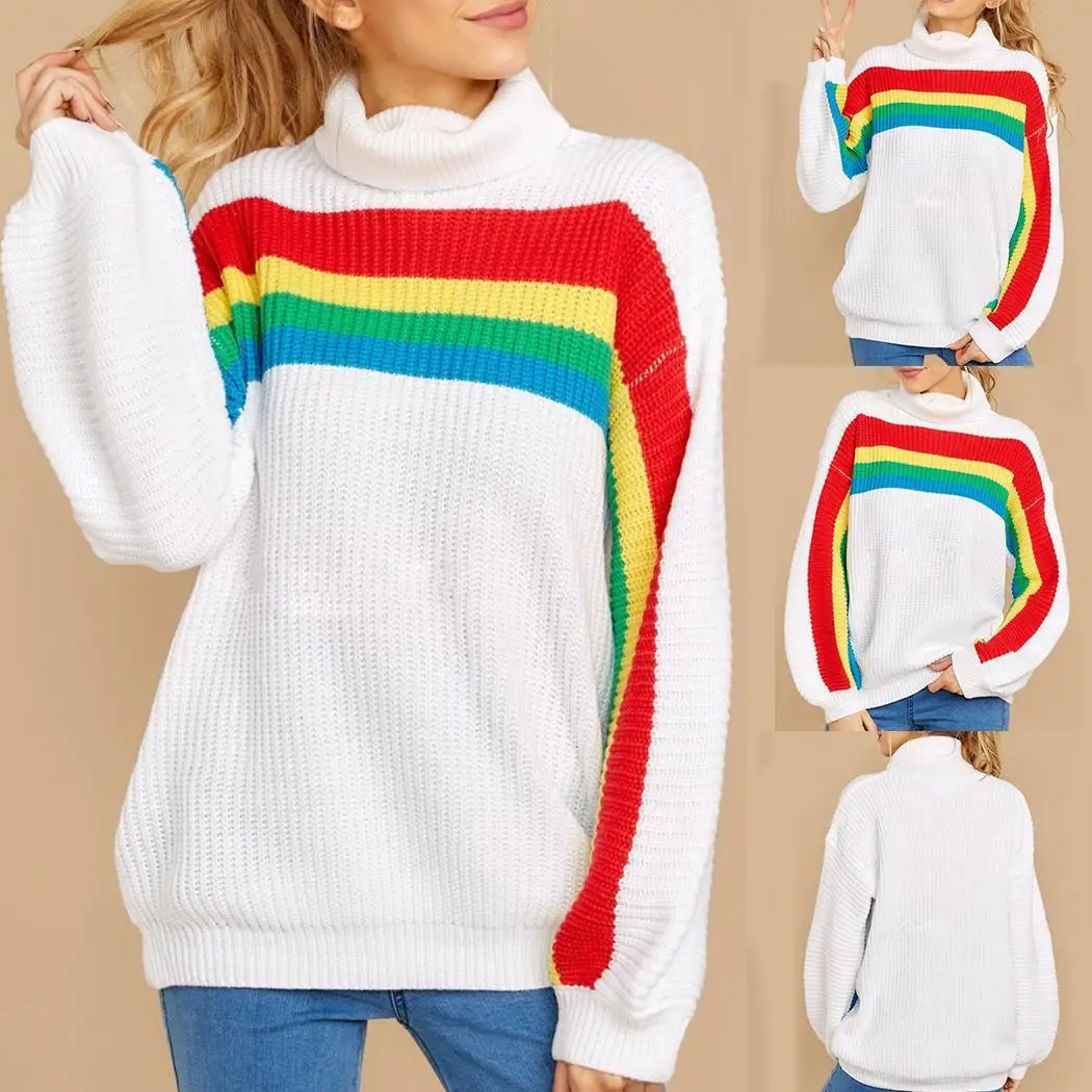 

Women Loose Knitted Sweater Striped Long Casual Autumn, Winter Sleeve Casual Turtleneck None Pullover White