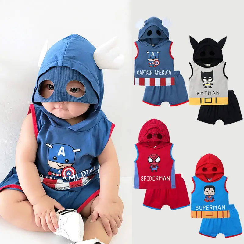 

Spiderman Baby Boy Set Summer The Avengers Captain America Batman Superman Hooded Vest Top+Shorts Suit Kid Outfit Tracksuit