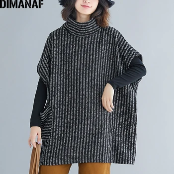 

DIMANAF Plus Size Women Sweatshirts Pullovers Female Tops Shirts Turtleneck Winter Oversize Batwing Loose Striped Thick Clothes