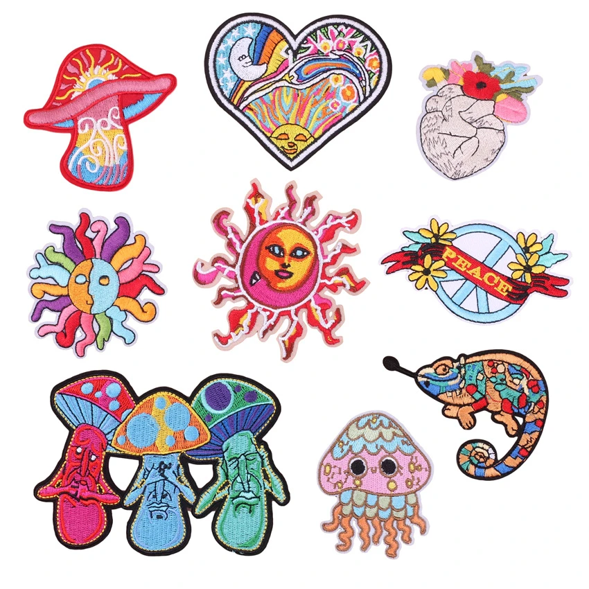 Punk Style Iron On Patches Colorful Mushroom Sun Embroidery Cloth Sticker Badge Canvas Shoe Bag Patch Hole Sticker Patches Aliexpress