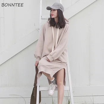 

Hoodies Women Over Knee Split Ladies Elegant Hooded Solid Simple All-match Korean Style Kawaii Soft Sweatshirts Womens Leisure