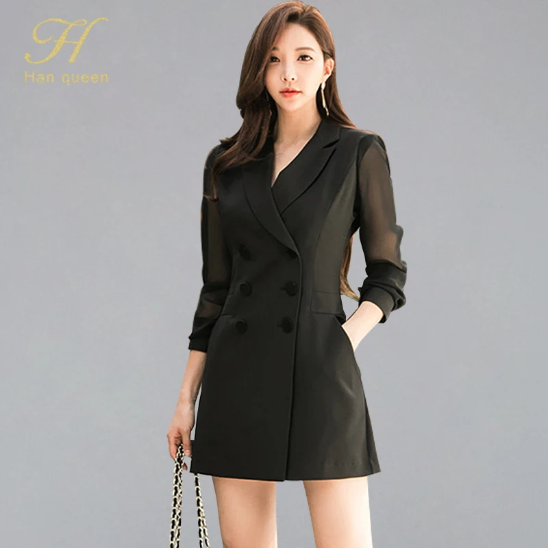 

H Han Queen OL Notched Neck Suits Dress Women 2019 Autumn Mesh Patchwork Short Dresses Double-breasted Pencil Bodycon Vestidos