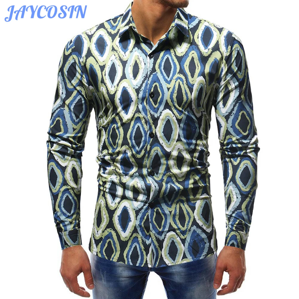 JAYCOSIN, модная мужская одежда с цветочным принтом, хлопковая рубашка для мужчин, повседневная, размера плюс, длинный рукав, тонкий пуловер, блузка, топ, осень 722
