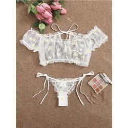 2Pcs Women Lingerie Suit Sexy Sheer Floral Print Off-Shoulder Perspective Mesh Crop Top Tie-Waist Thong-Panty for Date Night