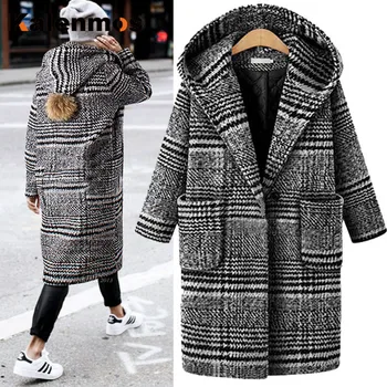 

Plus Size XL-5XL Winter Long Overcoat Women Pocket Plaid Warm Outfit Handmade Loose Korean Thick Coat Hooded Outwear Casual Top