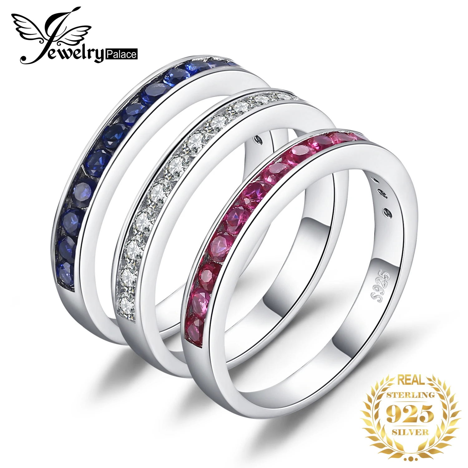 

JewelryPalace three stack 1.8ct Round Created Ruby Sapphire Wedding Cocktail Band Eternity Ring 925 Sterling Silver Fine Jewelry