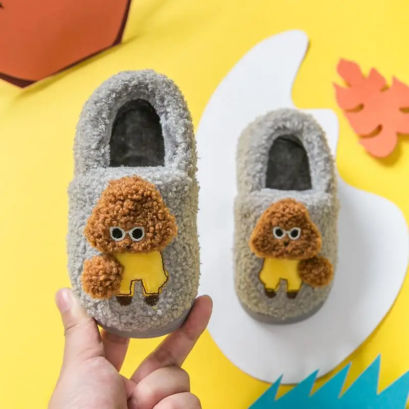 Winter Home Slippers Children Teddy Dog Cartoon Slippers Toddler Grils Flip Flops Baby Boy Skid Keep Warm Slippers For Kids - Цвет: Gray