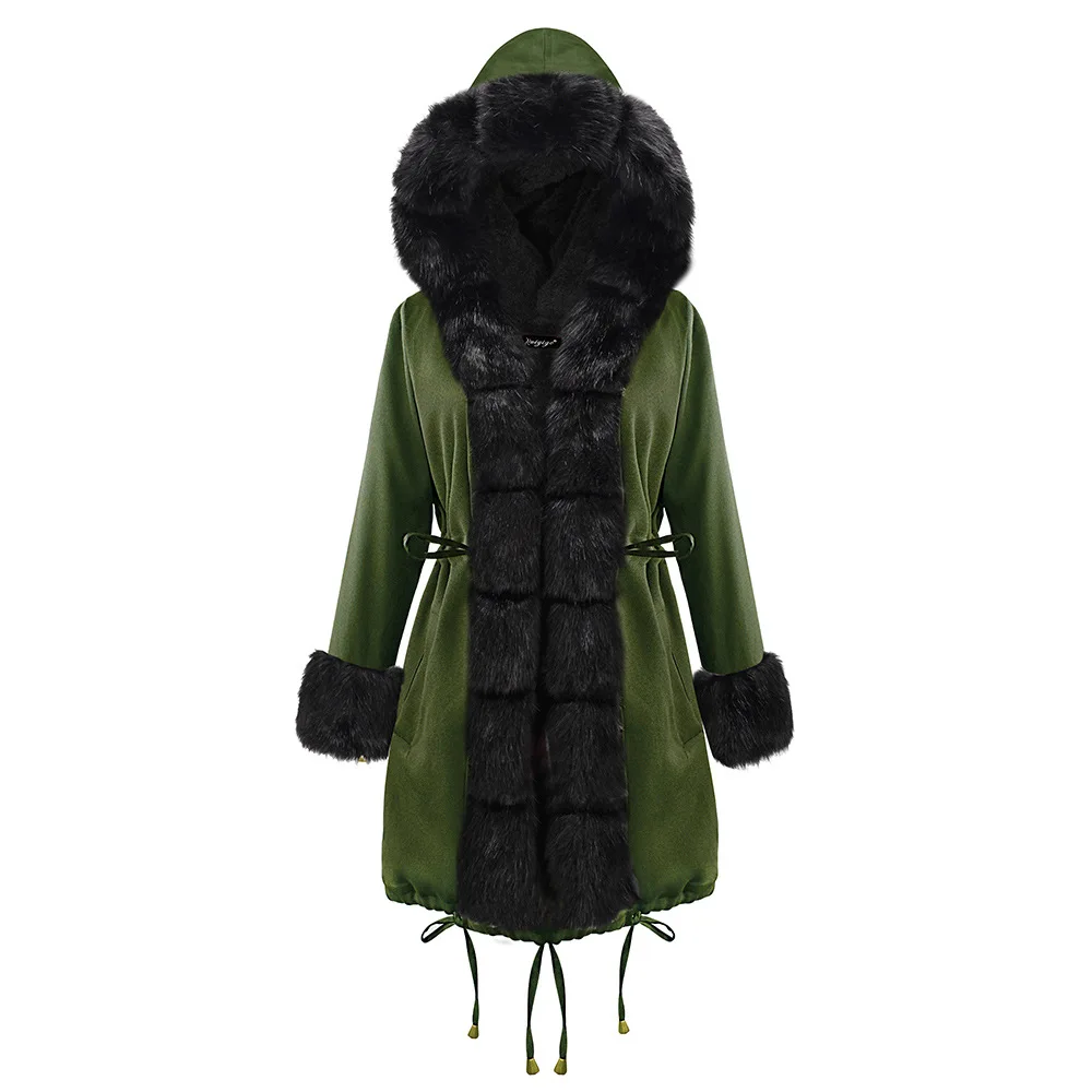 Brand New Style Big Wool Collar Winter Coat Women Clothes Warm Thick Loose Coats Casual Hooded Long Sleeve Jacket Coat Female - Цвет: 19D006-black