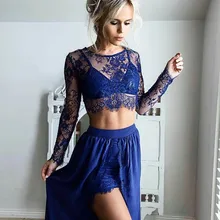 Two Piece Prom Dress Crew Long Sleeves Split Side Royal Blue Prom Dress with Lace