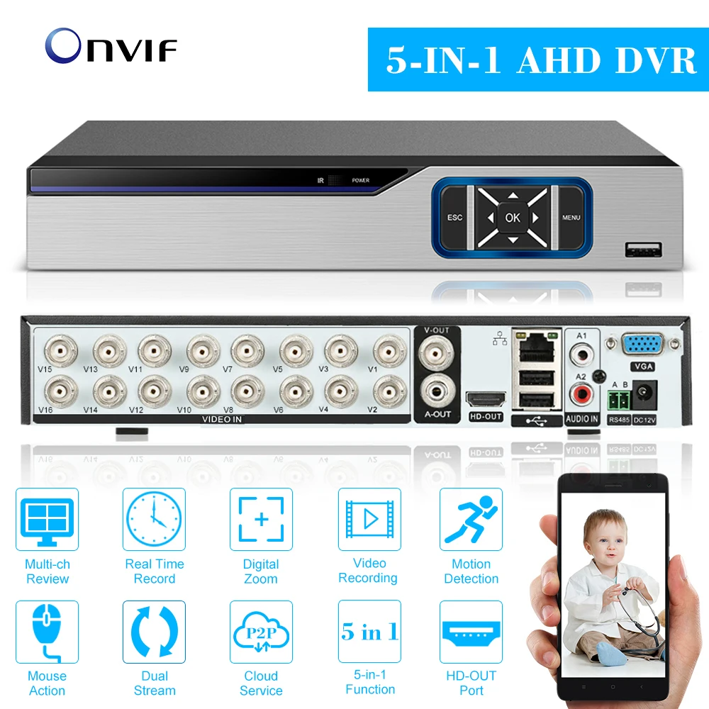 Камера видеонаблюдения AHD CVI TVI HVR 5 в 1 16 каналов DVR 1080P ONVIF P2P для систем безопасности