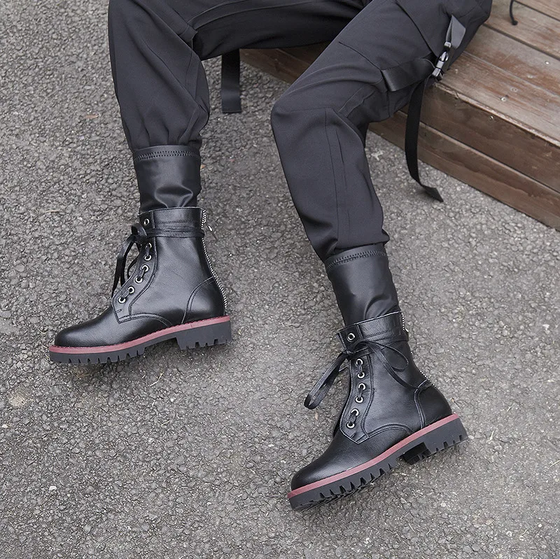 MORAZORA hot sale genuine leather women boots low heel round toe buckle fashion leisure motorcycle mid calf boots