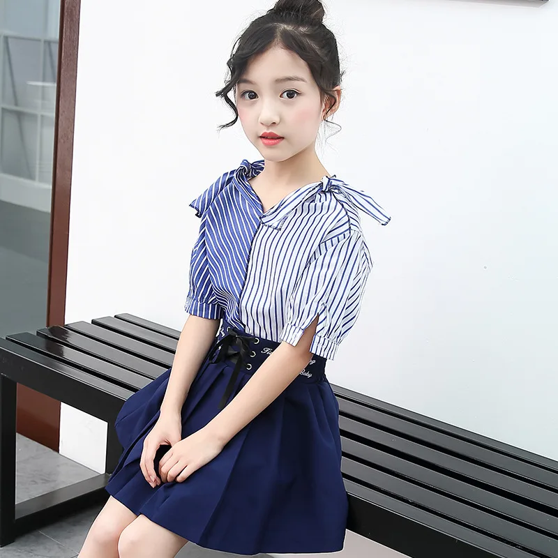 

Children Summer Dress 2019 Casual Style Girls V-Neck Clothing Set Striped Short Shirt+Skirt Girls Suits Boutique Kids Clothing