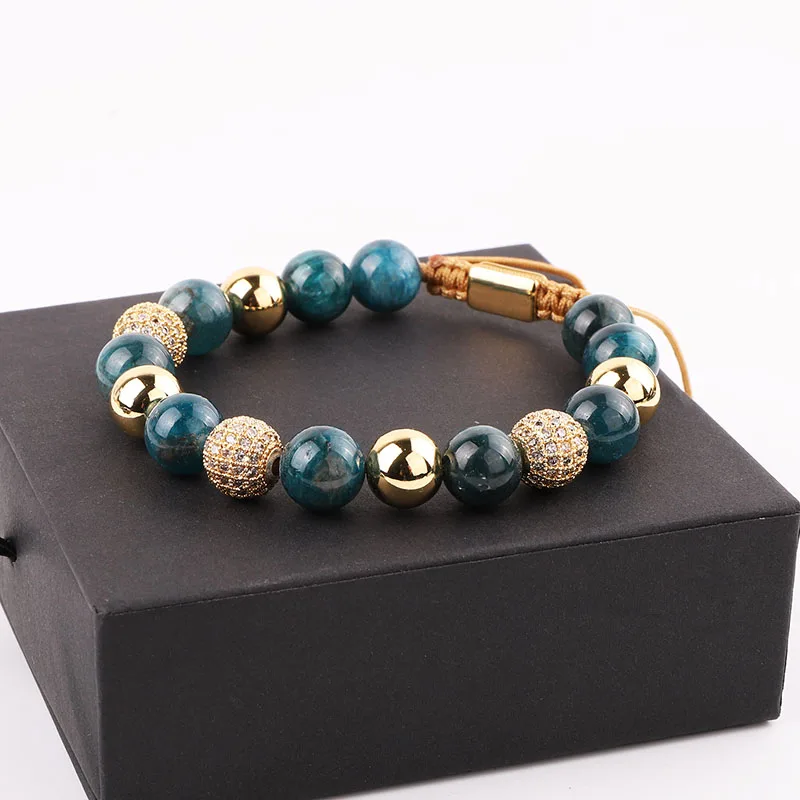 High Quality Luxury CZ Pave Ball Natural Stone Apatite Custom Women Jewelry Macrame Bracelet - Image 5