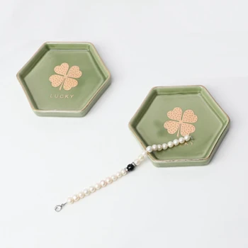 

Creative Four-leaf Grass Nordic Style Green Gold Home Decoration Ceramic Plate Storage Tray Jewelry Tray Room Decorations