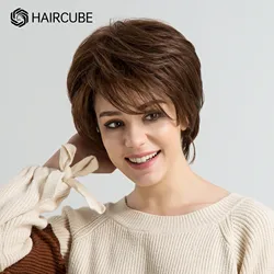 HAIRCUBE Brown Short Wave Wig Heat Resistant Synthetic Fiber Blend Human Hair Wig Machine Made Puffy Wigs with Bangs for Women
