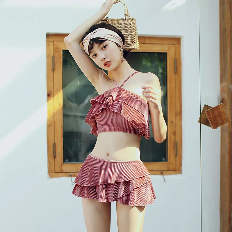 

2018 New Style South Korea Split Type off-Shoulder Halter Bandage Cloth Flounced Skirt-Beach Holiday Slimming Bathing Suit Women