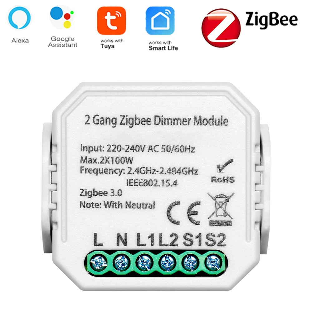 Tuya inteligente ZigBee modulo de interruptor de atenuador 1 2 con Neutral 2 interruptor de Control inalámbrico de relé apoyo Zigbee2MQTT