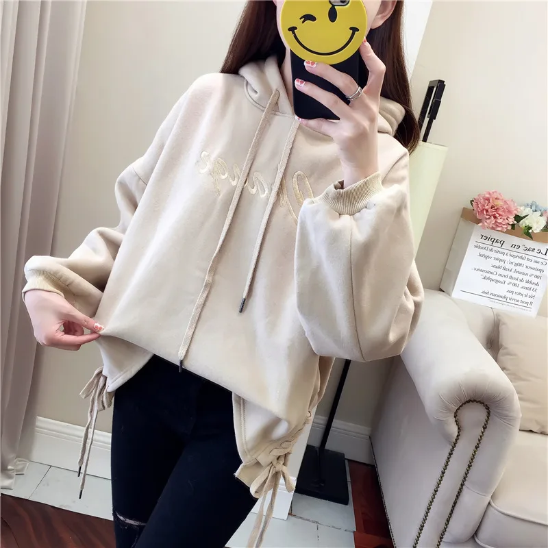 

Fall And Winter Clothes Korean-style New Style INS Hoodie Women's Brushed And Thick Winter Hooded Embroidered Slit Bandage Cloth
