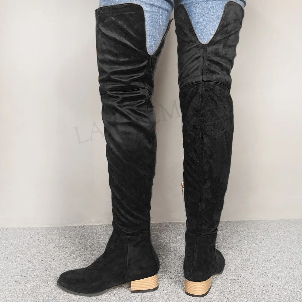 LAIGZEM Over Knee Women Boots Thigh High Side Zip Low Chunky Heels Faux Suede Boots Shoes Botines Mujer Large Size 50 51 52