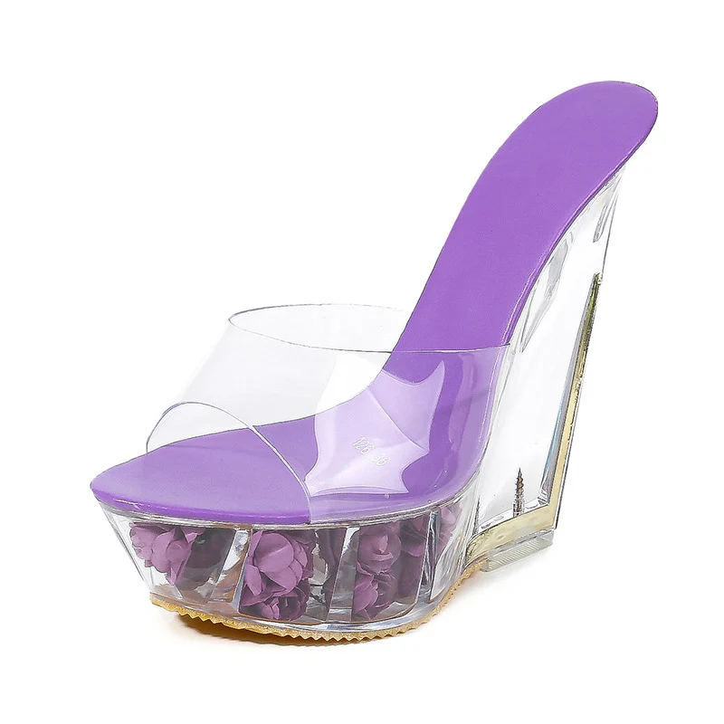 Violet Flower Г.; женские туфли на танкетке с цветочным узором; шлепанцы на прозрачном каблуке; женские свадебные туфли на высоком каблуке; прозрачные босоножки на платформе с кристаллами; WS91 - Цвет: Violet Flower