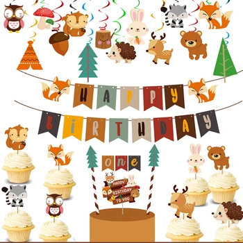 

Wood Land Forest Animal Birthday Baby Show Cake Decor Topper Party Tableware Set Flag Spiral Ornament Supplies