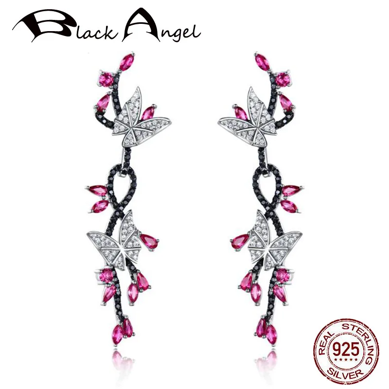 

Natural Black Spinel 925 Sterling Silver Dangle Earrings for Women Ruby Gemstone Butterfly Long Drop Earrings Wedding Jewelry