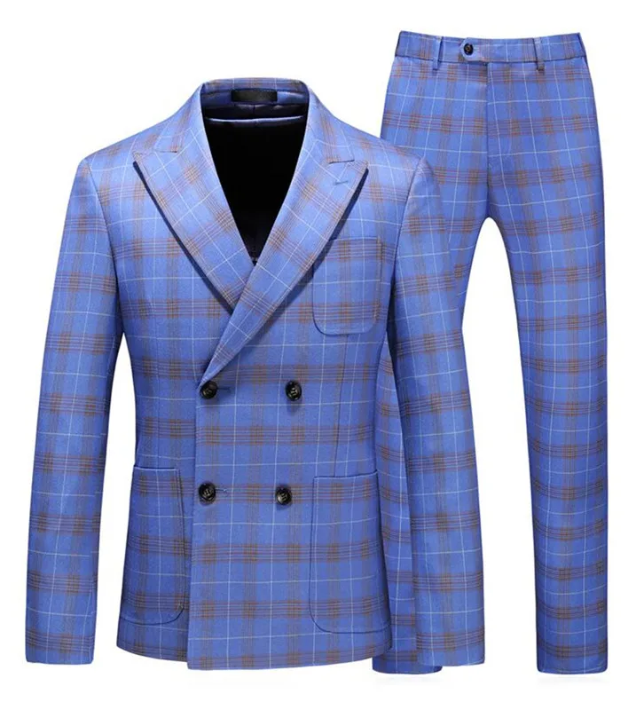 001 Blue Plaid Men's Business Groomsman Suit Jacket+ Vest+ Pants 3 PCs Sets Slim Suits Wedding Party Blazers Jacket Custom Made - Цвет: 001