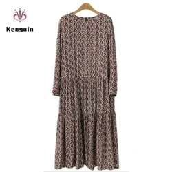 2023 Plus Size 4XL O-Neck Women Print Flowers Shirt Dress Fall Elegant Vintage Long Sleeve Loose Casual Female Dress Robe
