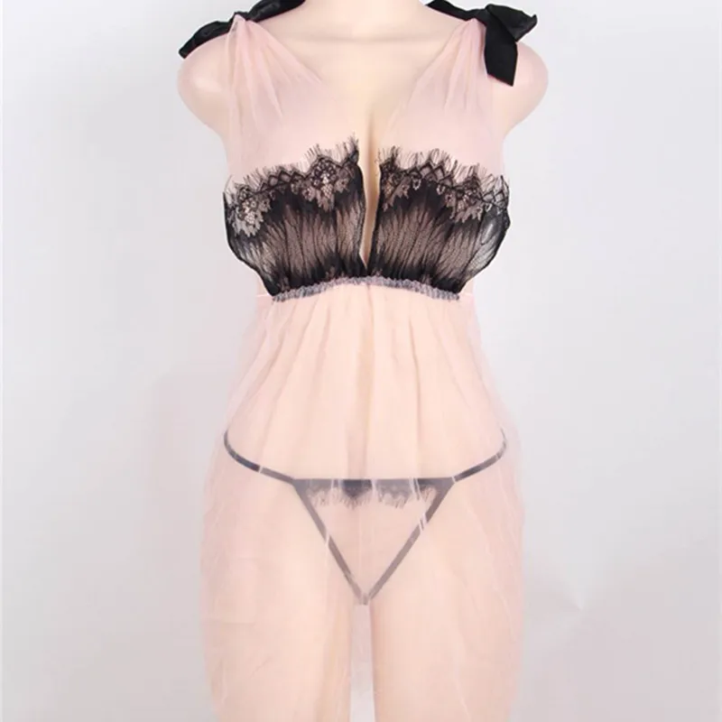 Pink Babydoll Ohyeahlover кружевное цветочное соблазнительное нижнее белье сетчатые бретельки Babydoll+ стринги прозрачная ночная рубашка Femme Сексуальная LL8474 - Цвет: Pink Babydoll