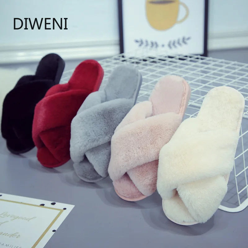 

Winter Women Warm Faux Fur Home Slippers Ladies Cross Soft Plush Furry Female Open Toe Women's House Shoes Fashion Woman Slides