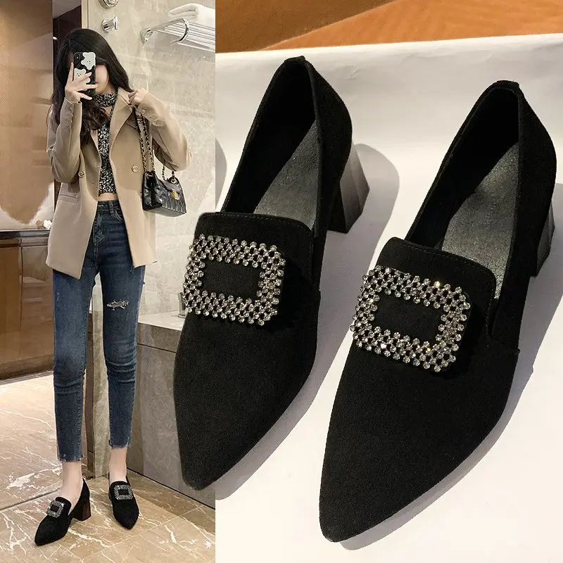 2021 Spring Women Dress Shoes Flock High Heels Boat Shoes Pointed Toe Crystal Pumps Chunky Heel