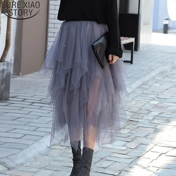 

2020 New Women Fashion Spring Long Midi Pleated Skirts A-line Solid High Waist Irregular Casual Mesh Skirt Sweet Jupe Femme 9586