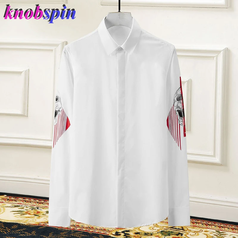 Мужская рубашка с рисунком черепа, Мужская Роскошная Одежда с длинным рукавом, приталенный фирменный дизайн, деловые мужские рубашки - Цвет: Белый