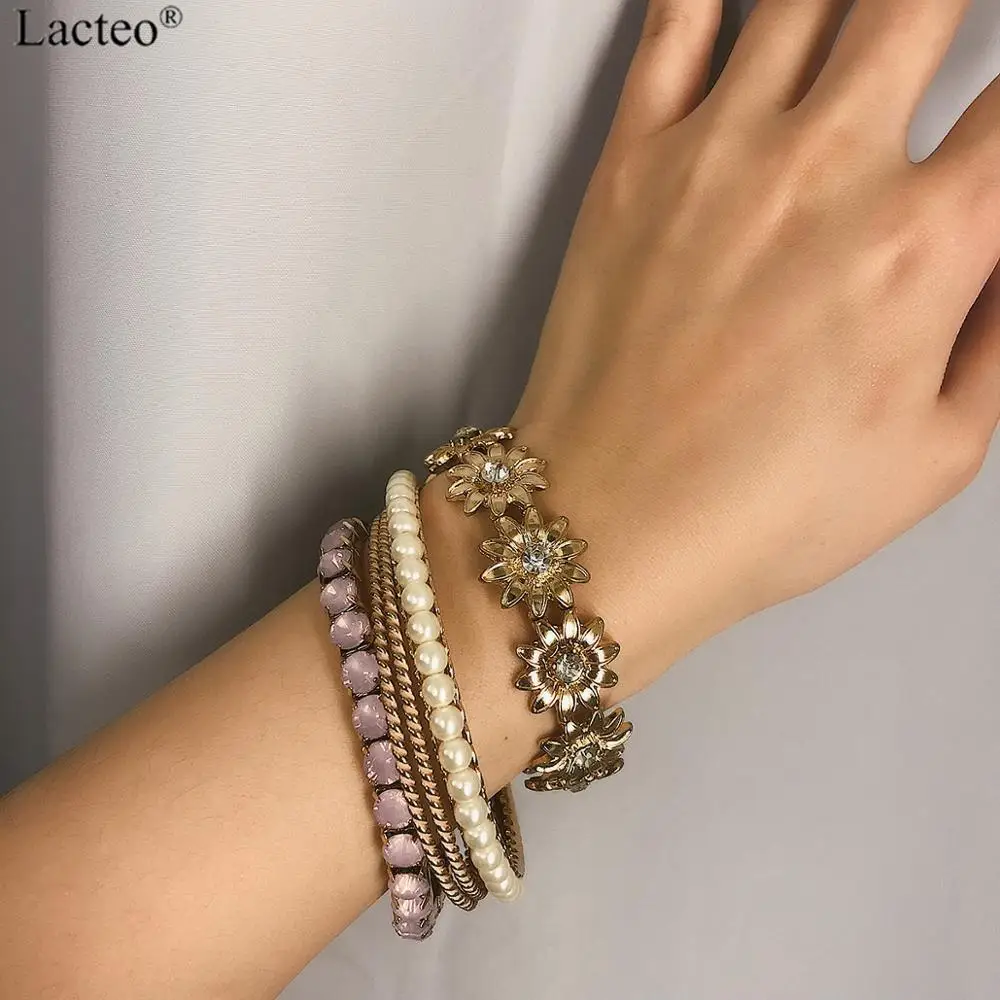 Lacteo Сексуальные 5 шт./компл. Стразы жесткий браслет с цветком женские богемные имитация жемчуга наручные цепи Шарм подарочные браслеты и ювелирные изделия