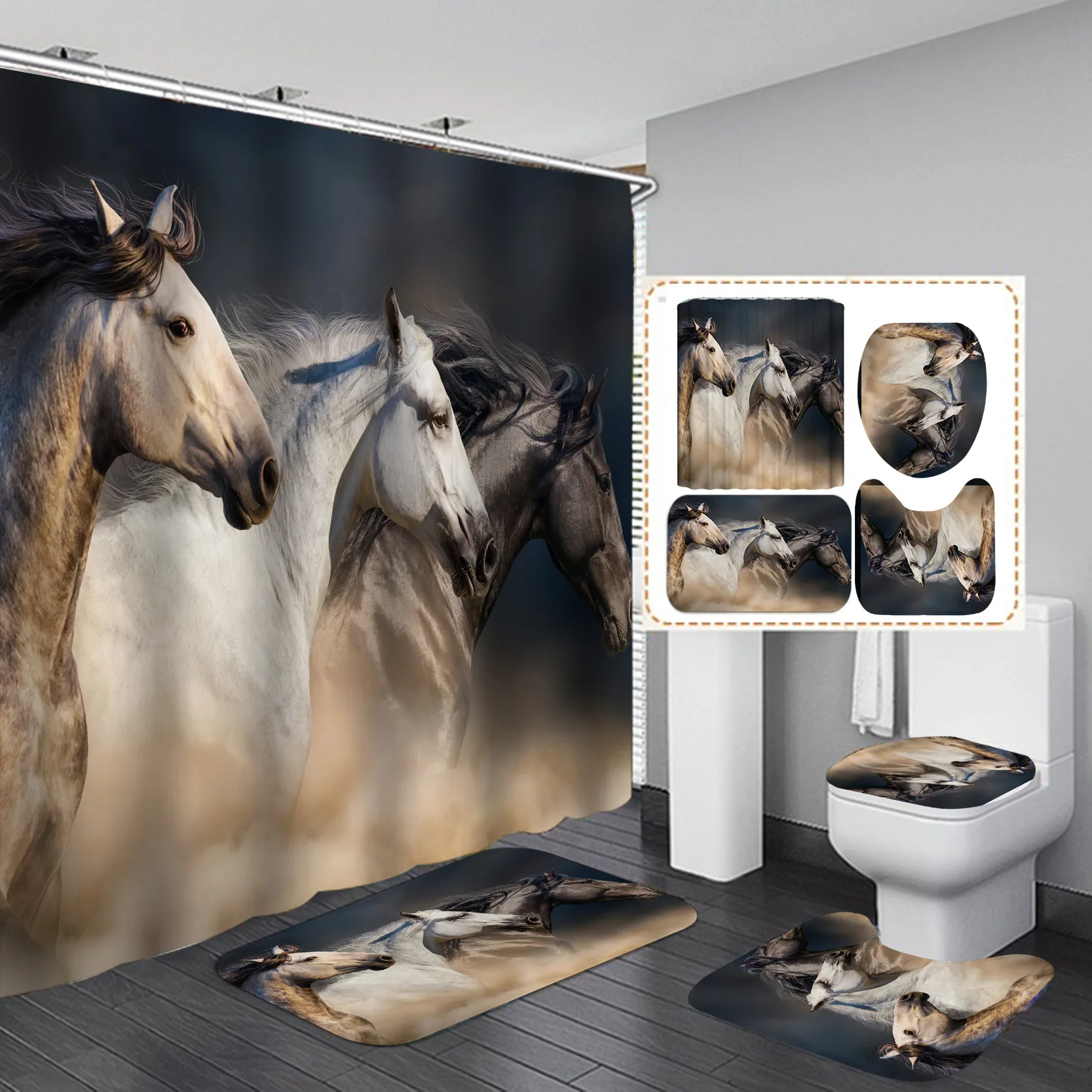 Amazing Horse Print Shower Curtain & 4 Piece Carpet Cover Toilet Cover Bath Mat  Set