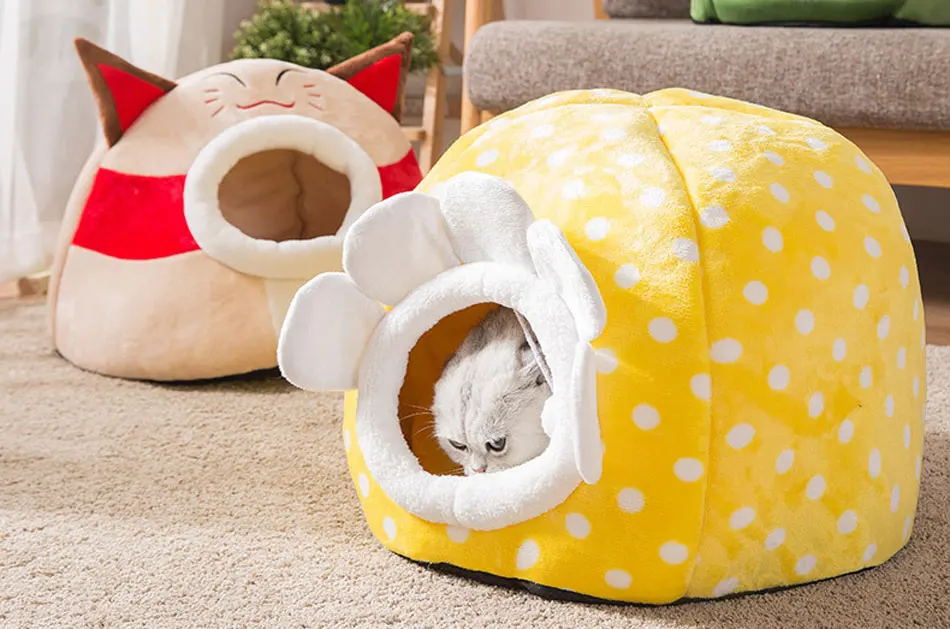 Cute Cat Bed Semi-closed Cats House Soft Warm Small Medium Dog Bed Pet House Built-in Fun Decoration for Cat Teddy Chihuahua Mat-113