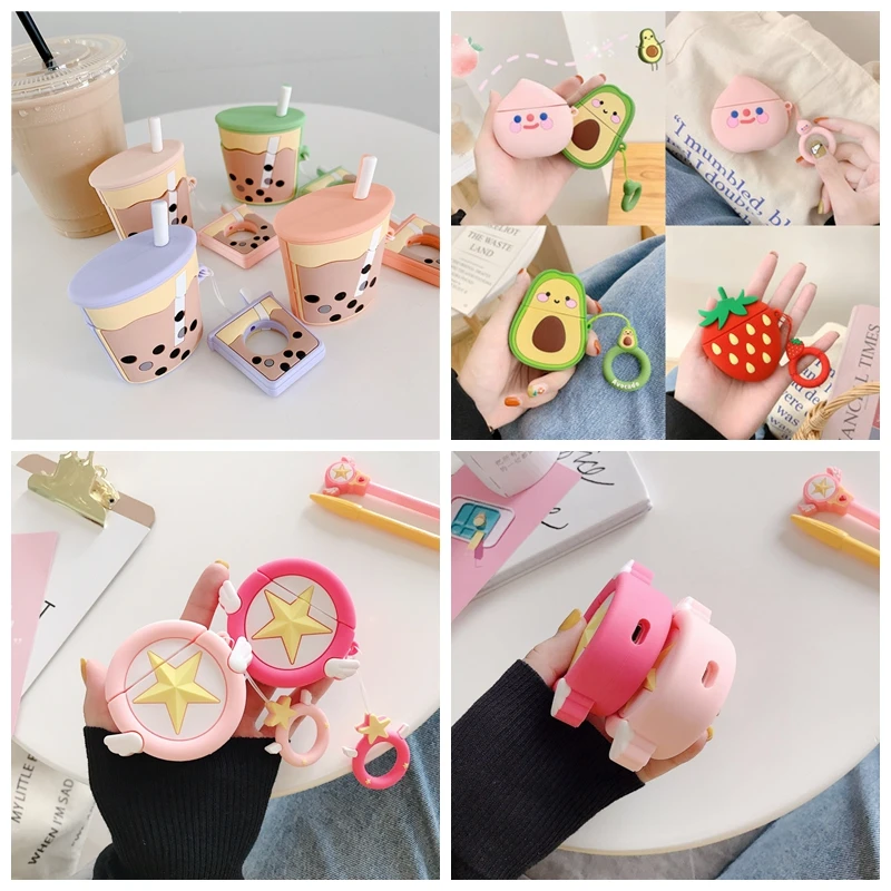 

For AirPods Cases Boba Milk Tea Wireless Earphone Case For Airpods 1 2 Protective Cover Cute Drink Bottle with Finger Ring Strap