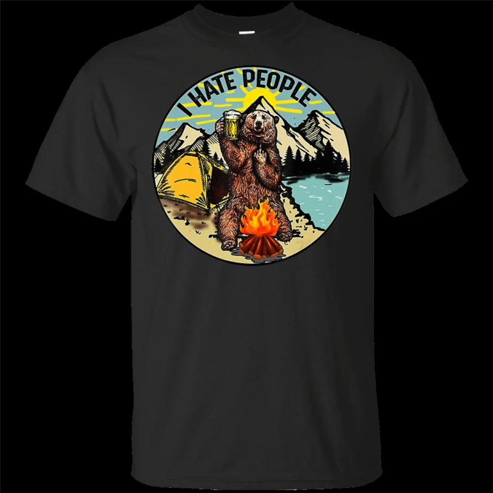 Bear Camping I Hate People Винтажная Футболка черно-темно-синяя короткая мужская-Женская