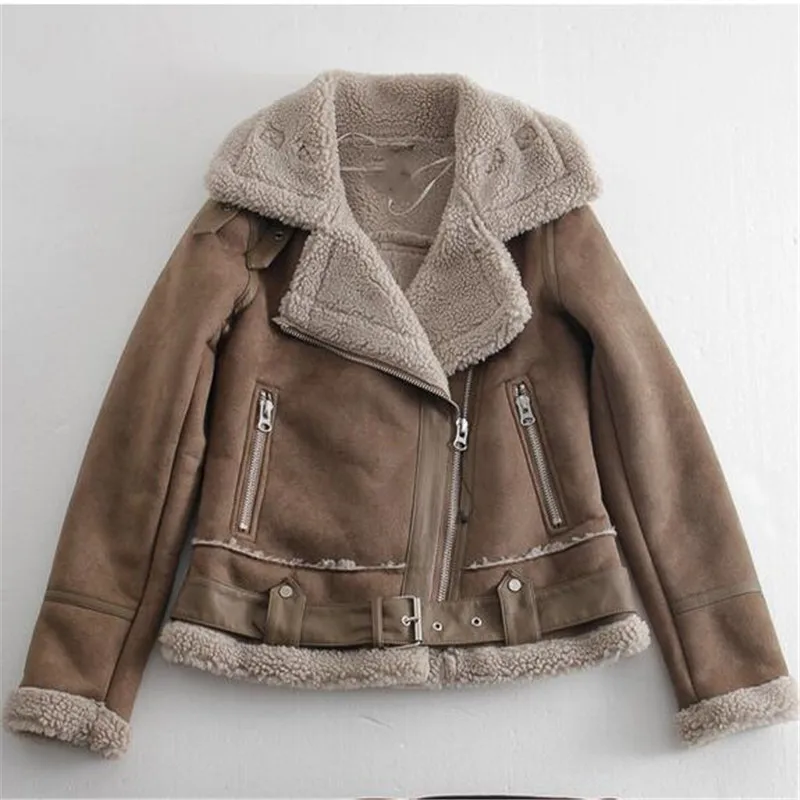 Warm women's winter motorcycle Suede velvet jacket female short lapels fur thick plus velvet jacket bomber jacket