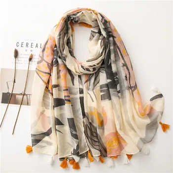 

KYQIAO Women Brand New Fashion luxury brand print Tassel Viscose Shawl Scarf Print Soft Wrap Pashminas Sjaal Muslim Hijab Snood