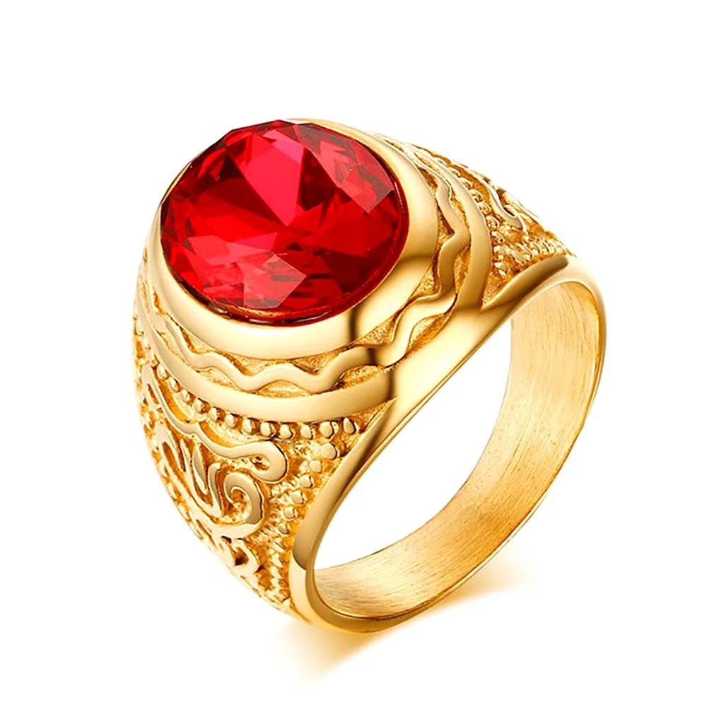 Vintage carving luxury ruby gemstones red zircon diamonds rings for men gold tone stainless steel jewelry bijoux Dubai accessory Vintage carving luxury ruby gemstones red zircon diamonds rings for men gold tone stainless steel jewelry bijoux Dubai accessory