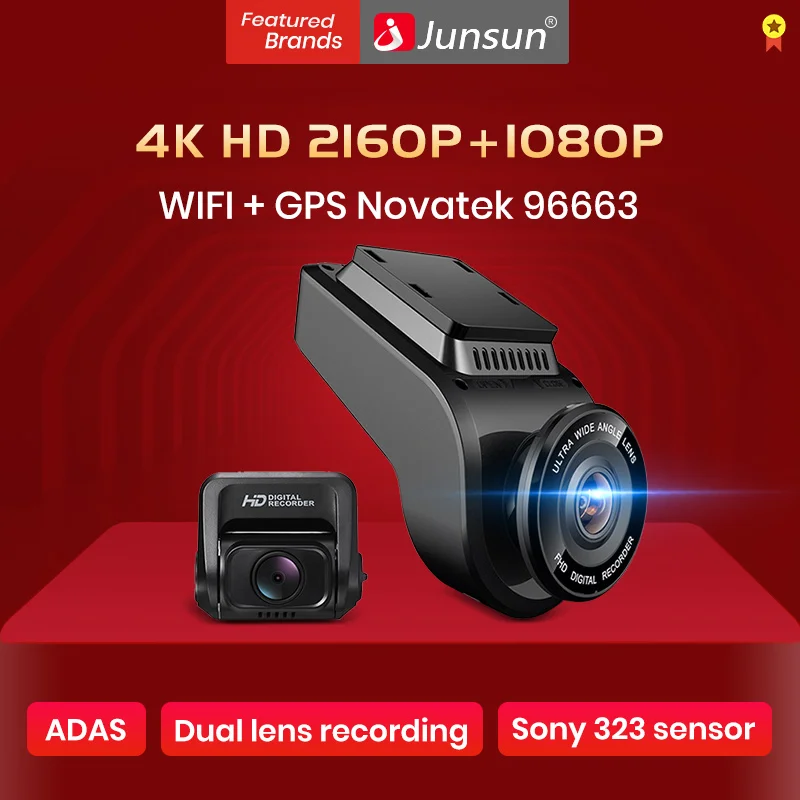 Автомобильный видеорегистратор Junsun 4K 2160P Ultra HD с двумя объективами встроенный GPS