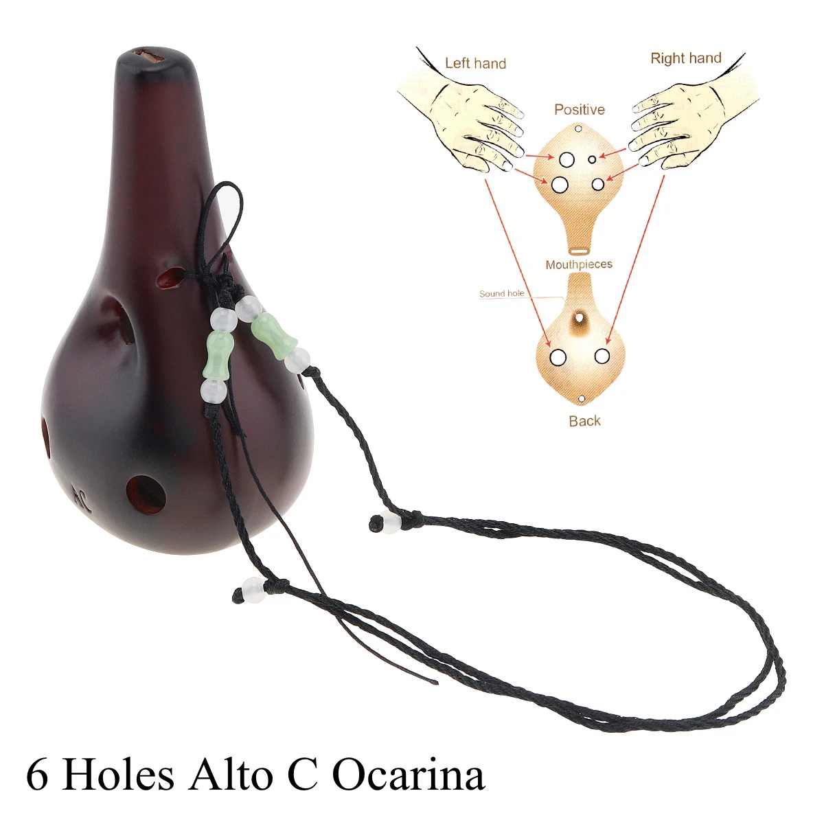 Alto ToneC 6 Holes Ocarina Ceramic Black Pottery Smoky Glaze Flute Instrument for Beginner with Hang Rope
