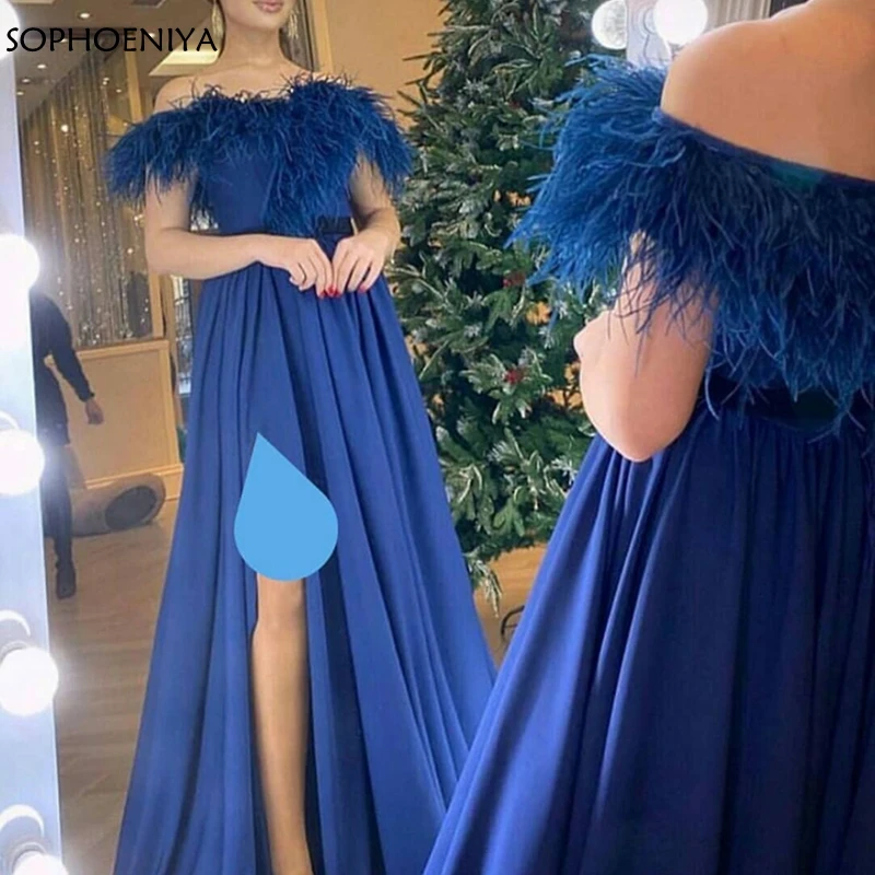 Vestidos de Noche de gasa azul real, vestido largo Formal de fiesta con plumas, 2022, novedad|Vestidos de AliExpress