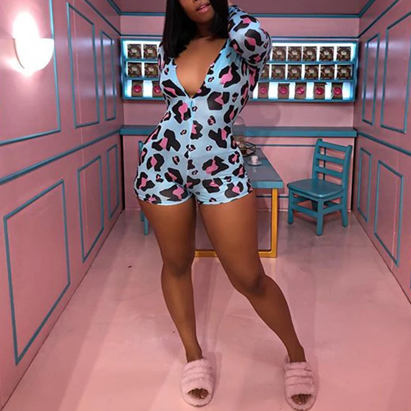 OMSJ 2020 Rompers Women Sleepwear Sky Blue Leopard Print Long Sleeve Short Jumpsuit Sexy Onesie For Adult Female Nightwear S-3XL