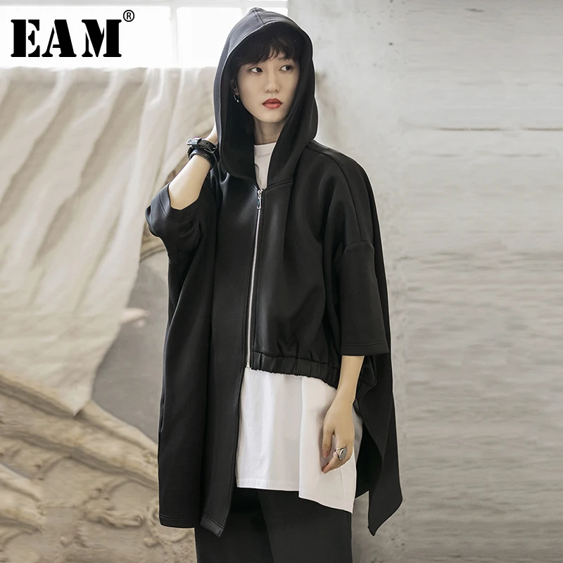 

[EAM] Loose Fit Drawstring Oversize Irregular Jacket New Hooded Long Sleeve Women Coat Fashion Tide Autumn Winter 2019 1A523