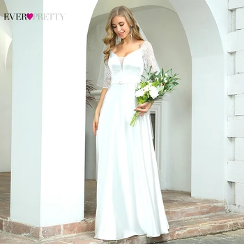 

White Satin Wedding Dress 2020 Ever Pretty Elegant A Line Half Sleeve Lace Simple Bridal Gowns Vestido EP00553WH Sukienka Biala