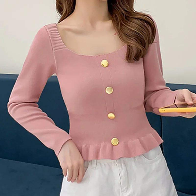 HELIAR Blouse White Knitted Button Up Shirts V Neck Long Sleeve Deep V Neck Knitted Female 