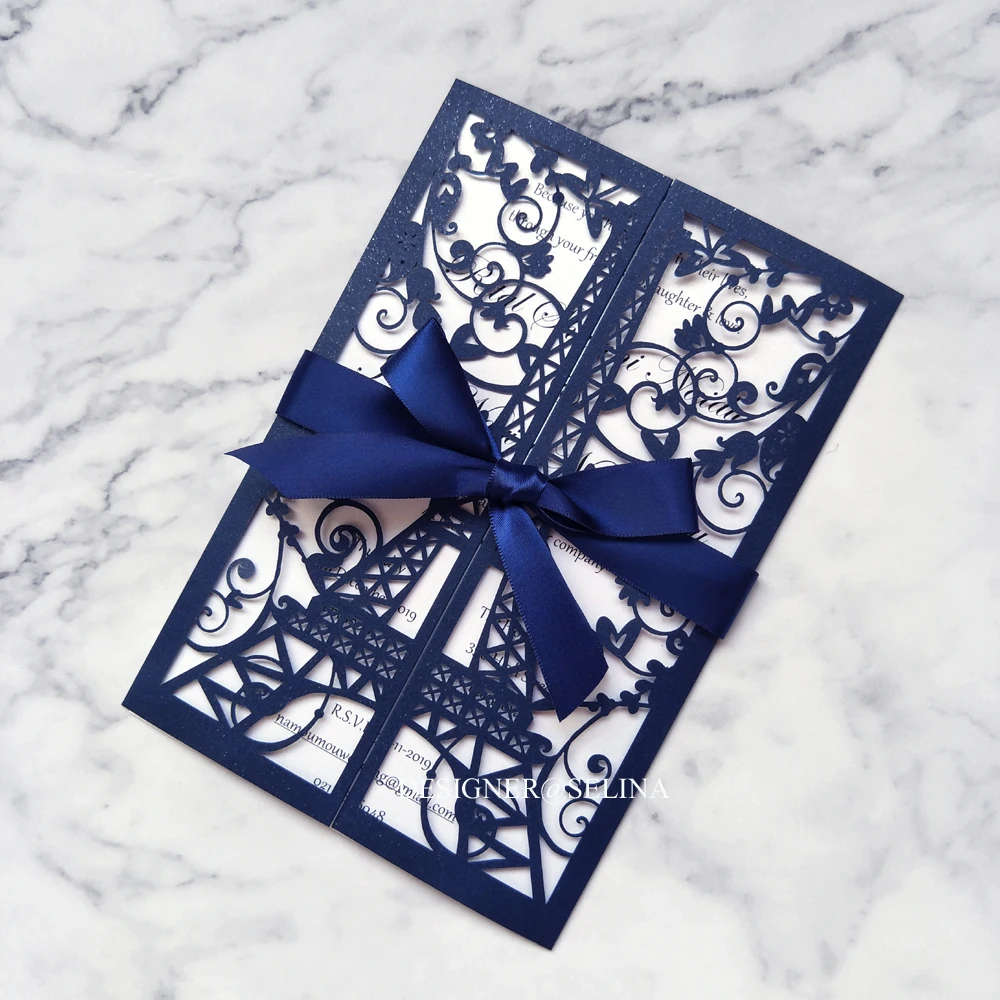 Invitaciones de boda corte láser elegante con cinta azul marino invitación imprimible para una fiesta de cumpleaños dulce de 16 años|Tarjetas e invitaciones| - AliExpress