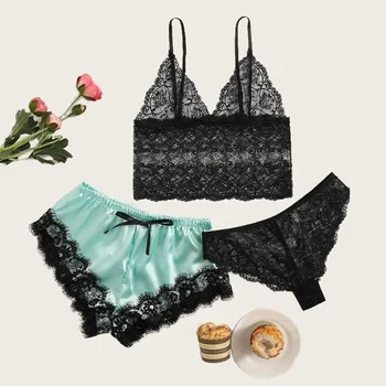 

Silk Satin Sexy 3 Piece Set Women Pajama Sets 2020 Summer Club Lace Patchwork Camis Tops+Lingerie And Shorts Female Sleepwear